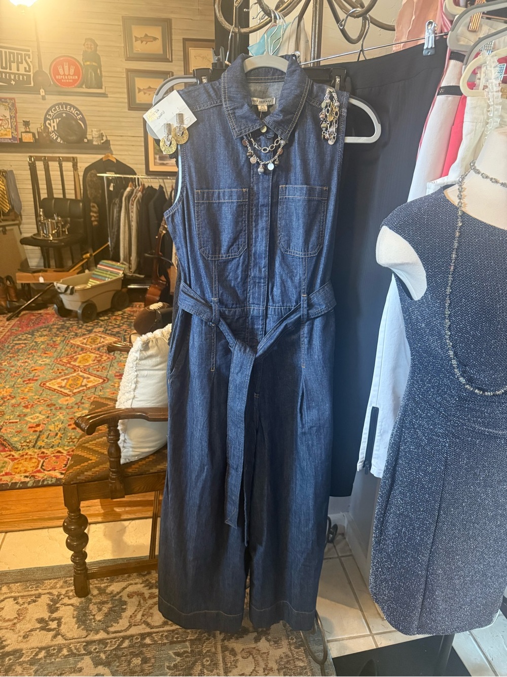 Sleeveless Denim Jumpsuit with Tie-Waist